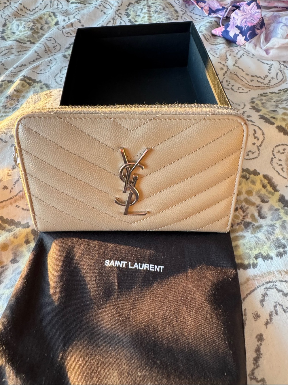 Saint Laurent Beige Chevron Quilted Zip-Around Wallet with Silver YSL